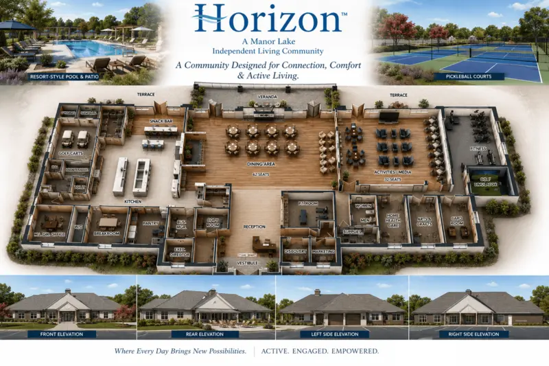 Artist's rendering of the Horizon clubhouse: pool, pickleball courts, dining area, activities room, fitness center and golf simulator