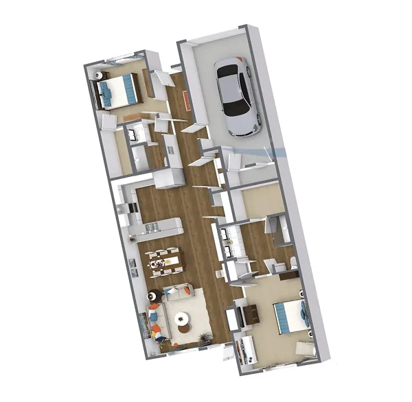 3D floor plan of a Horizon two-bedroom, two-bathroom cottage with garage