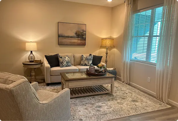 Cottage living room with fireplace